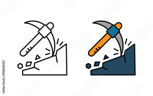 Mining pickaxe breaking rock icon set. Mining resources with a pick axe or pick axe flat or line vector illustration.