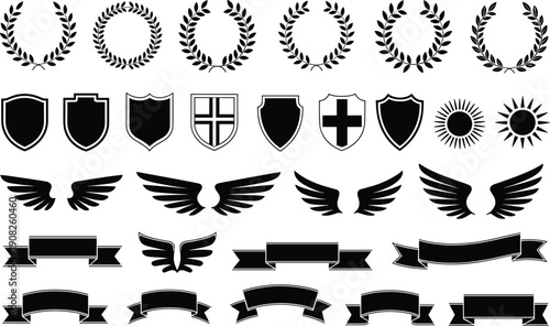 Black and white heraldic symbols and decorative shields