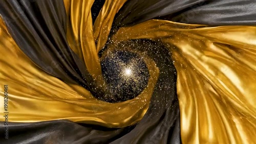 Golden Liquid Ribbons Swirling Around Invisible Gravity Well with Black Silk and Diamond Dust in Dark Void