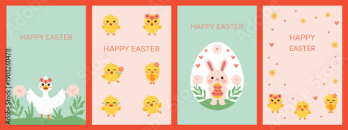 Happy Easter Card Set with Cute Bunny Duck and Chicks Easter Greeting Card Collection with Adorable Animals and Flowers Four Easter Postcards Featuring Rabbit Chicks and Spring Design