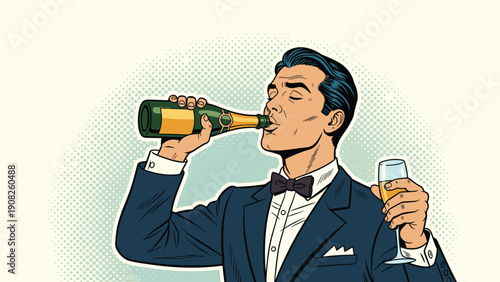 Vintage pop art style man in a tuxedo drinking champagne from the bottle while holding a glass at a celebration.