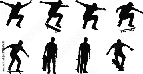 Skateboarder Silhouette Collection Featuring Urban Skater Performing Tricks and Jumps Isolated on White Background for Extreme Sports Design
