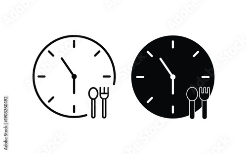 Lunch time message with stopwatch fork and spoon in minimal flat or line design. Quick food fast food recipe time eat lunch icon white background.