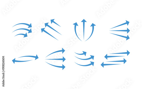 Air flow arrows icon set. Set of blue arrow showing wind air flow. movement and rotation elements. isolated on white background.