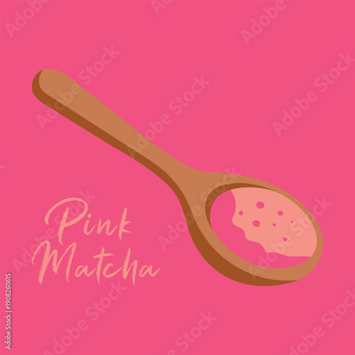 Pink Matcha Powder in Vector Wooden Spoon Flat Illustration on Pink Background. Japanese Tea Drink Made from Dragon Fruit for Menu, Banner, Card. 