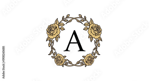 Elegant Monogram A Surrounded by Golden Roses and Leaves.