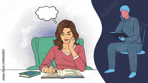 Young woman in a pop art style writing in her diary and thinking about her lover shown in a thought bubble.