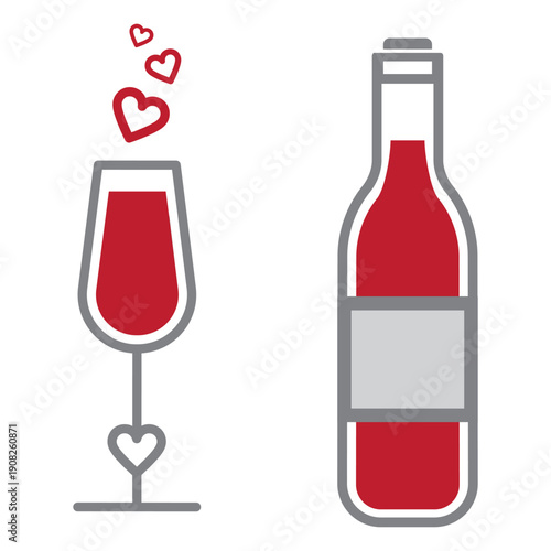 Wine glass with hearts and a wine bottle, isolated on a transparent background. Romantic design ideal for Valentine’s Day, love themes, celebrations, weddings, and festive decorative projects.