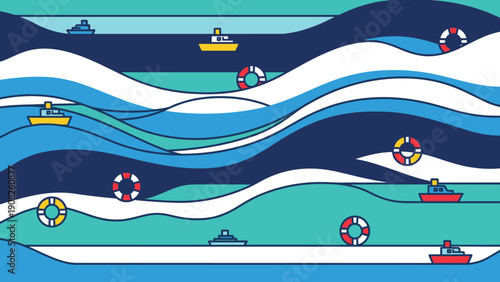 Colorful abstract nautical background with stylized waves, miniature boats, and lifebuoys in a clean flat vector illustration.
