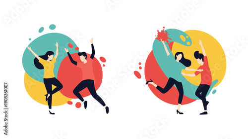 Dynamic abstract characters dancing joyfully with vibrant colorful shapes and energetic splashes in a flat vector style.