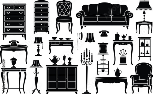 Black and white vintage furniture and household