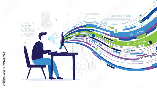Software developer or data scientist working at a computer with vibrant waves of binary code and digital data flowing into view.