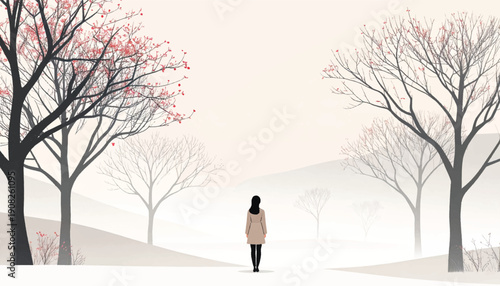 Woman walking through misty blossom park scene. Peaceful spring pathway with solitary female figure. Minimal pastel landscape featuring quiet morning stroll