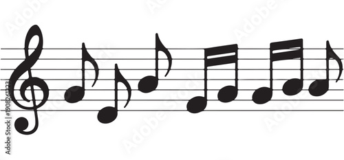 Staff with treble clef and notes representing musical melody rhythm and harmony on white background