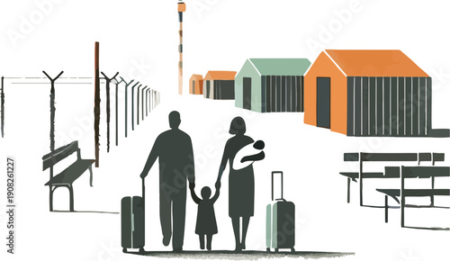 Family with luggage at a refugee camp or transit point