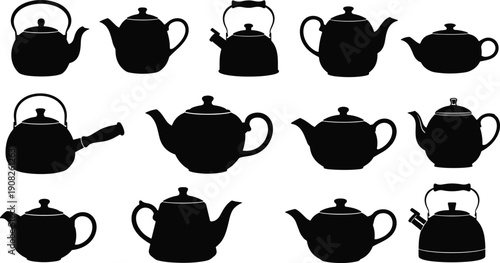 Teapot Silhouette Collection Featuring Classic and Vintage Tea Kettles Isolated on White Background for Kitchen and Beverage Design