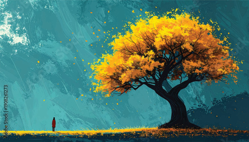 Bold solitary oak standing in luminous clearing. Striking nature centerpiece for modern interiors. Elegant environmental artwork with vivid canopy