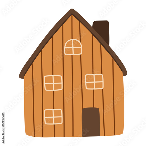 Wooden autumn house cottage with simple shapes. Rustic fall home illustration for seasonal projects, cozy branding, and decorative designs. Hand drawn vector illustration.