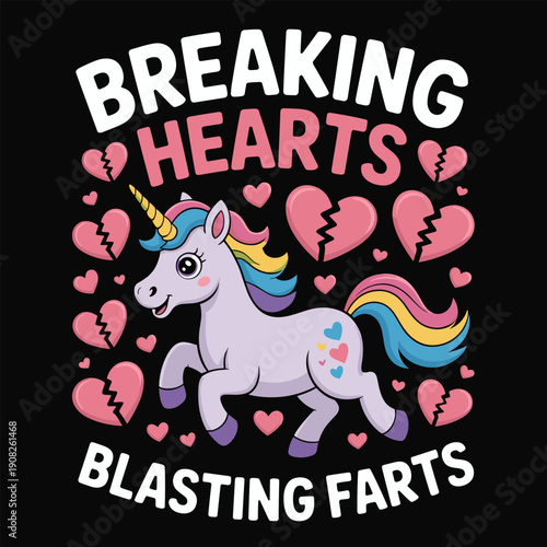 Colorful unicorn breaking hearts and blasting farts
