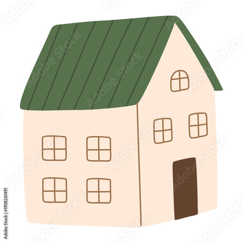 Minimal autumn house with green roof design. Simple fall home illustration for modern seasonal layouts and cozy visual projects. Hand drawn vector illustration.