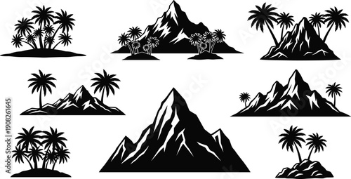Tropical Island and Mountain Silhouette Set Featuring Palm Trees and Exotic Landscapes Isolated on White Background for Travel Design