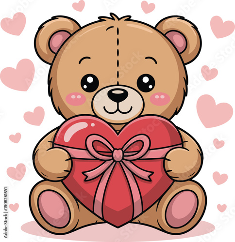 Cute Brown Teddy Bear with Red Ribbon Heart cartoon