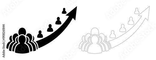 Group of people moving up an upward trending arrow representing growth and progress