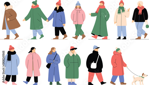 People Walking in Winter Clothing with Dog coats hats