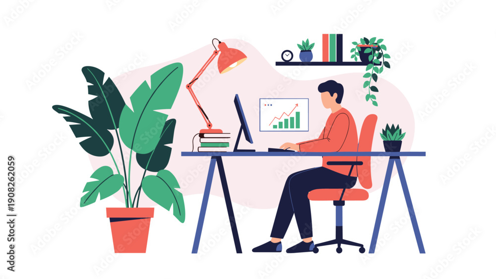 Fototapeta premium Focused professional man working on a desktop computer in a modern and comfortable home office filled with green indoor potted plants.