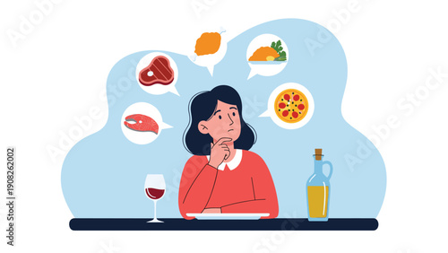Woman sits at a table and thinks about different meal options like pizza, steak, fish, and chicken while planning her next dinner.