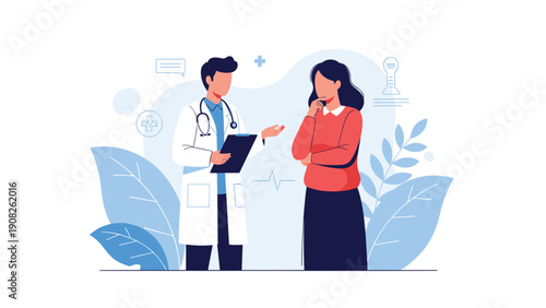 Professional male doctor in a white coat talks with a female patient during a medical consultation in a modern healthcare setting.