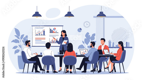 Professional business woman presenting financial data and analytics to a diverse team of colleagues in a modern office meeting room setting.