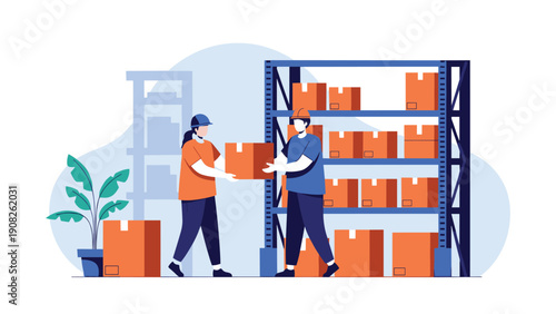 Dedicated warehouse employees in safety gear moving cardboard boxes near tall storage racks in a logistics distribution center environment.