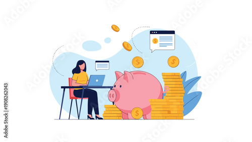 Focused woman working on a laptop next to a giant pink piggy bank with stacks of golden coins representing financial savings goals.