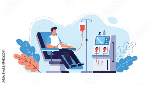 Brave man sitting in a medical chair while donating blood or undergoing a dialysis procedure with advanced medical equipment and fluids.