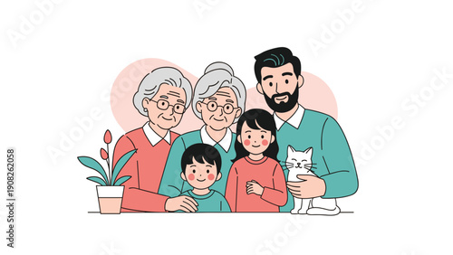 Joyful multi-generational family group portrait including grandparents, parents, children, and a pet cat in a friendly hand-drawn style.