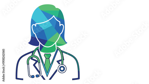 Professional female doctor icon with a stethoscope around her neck featuring a modern blue and green geometric low-poly hair pattern.