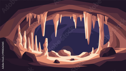 Dark underground cave interior with large stalactites and stalagmites created in a detailed pixel art or stylized vector landscape design.