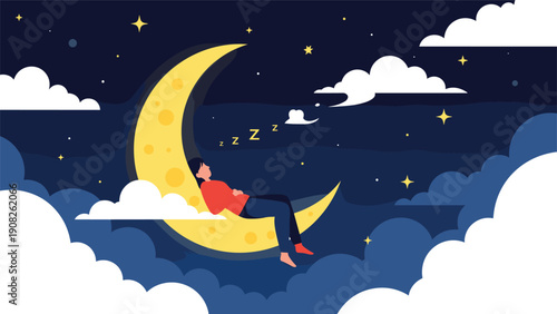 Peaceful young woman sleeping comfortably on a yellow crescent moon among soft white clouds and stars in a deep blue night sky scene.