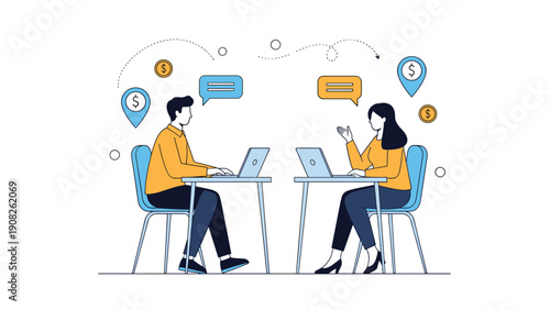 Remote freelancers working on laptops while communicating through digital chat and earning money in a minimalist flat vector style illustration.