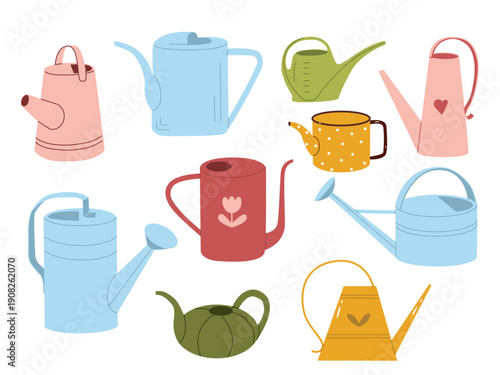 Collection of decorative garden watering cans in various shapes and pastel colors. Vector illustration on white isolated background.