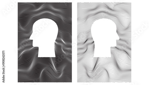 Abstract silhouette of a human head profile against a background of curved lines, cover design