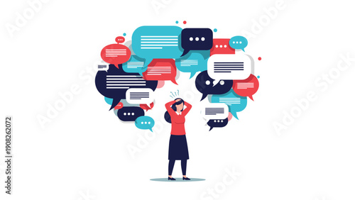 Stressed businesswoman stands in the center of numerous overlapping speech bubbles representing information overload and pressure.