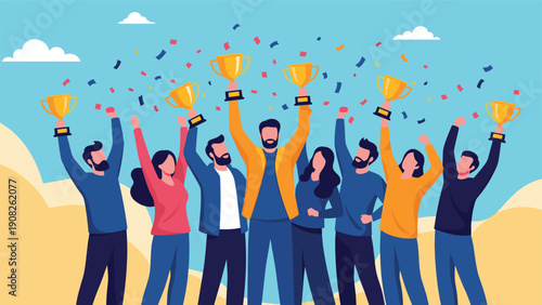 Team of diverse successful people cheering and holding golden trophies while colorful confetti falls around them in a triumphant scene.