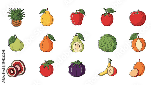 Colorful collection of various flat design icons representing healthy fruits and vegetables for balanced nutrition and diet.