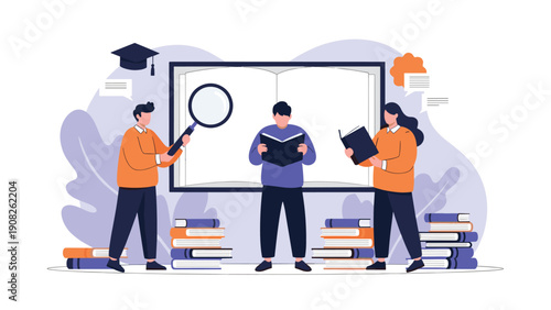 Group of students working together in a library or classroom with large books and a magnifying glass for research and study.