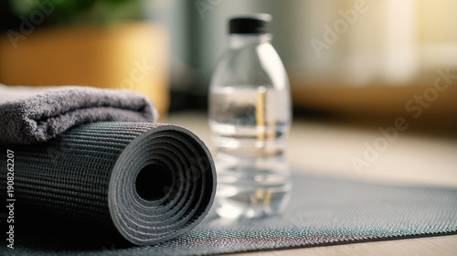 Wallpaper Mural Rolled yoga mat with towel and water bottle on floor showing authentic reality of home workout setup in natural light Torontodigital.ca