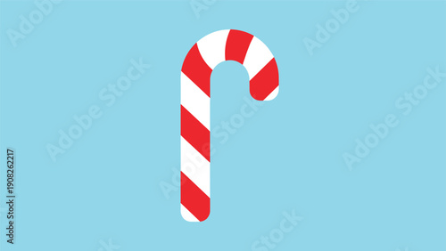 Simple illustration of a red and white striped traditional candy cane on a solid blue background for holiday decoration.
