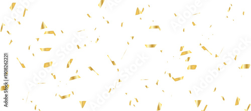 scattered array of golden confetti pieces falling against a stark white background and celebratory atmosphere. Perfect for adding a touch of sparkle and joy.	