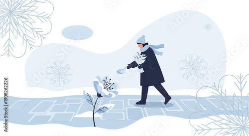 Winter Bloom: Woman Gently Tending Frozen Flower in Snowy Landscape